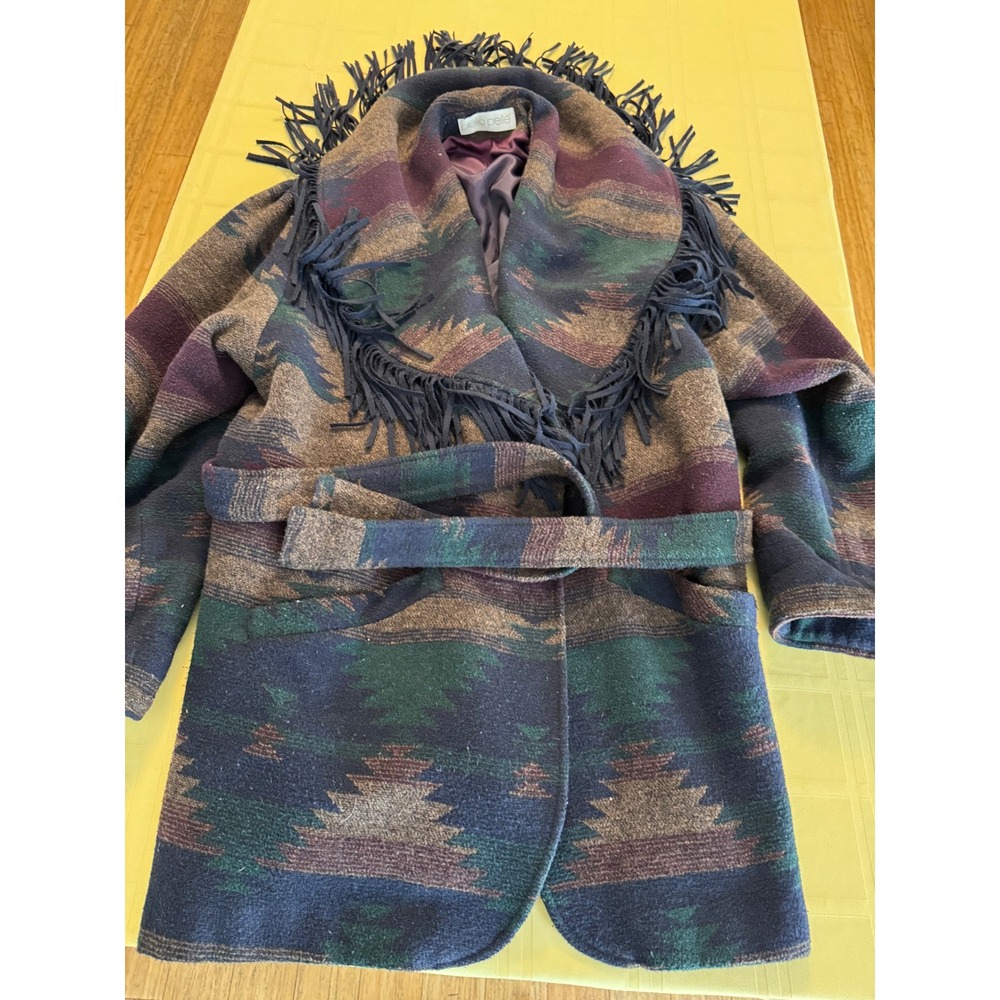 Otello Pelle Vintage Southwestern Fringe Shawl Wrap Coat Purple Teal Geometric